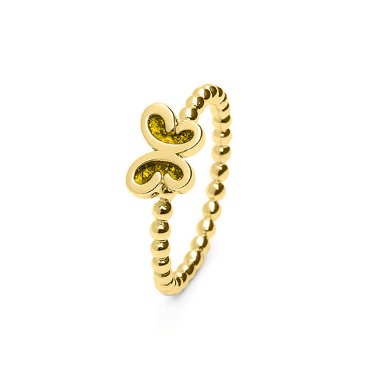 Afmeting gedenksieraden vlinder: 8x6 mm, Ringband: 2 mm. Bolletjes ring met een vlinder er boven op , waar zichtbaar as of haar in verwerkt wordt. Yellow
