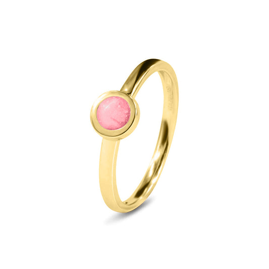 Diameter rondje: 6 mm, Ringband: 2 mm. Gedenksieraad, ring met een rondje er boven op , waar zichtbaar as of haar in verwerkt wordt. Soft