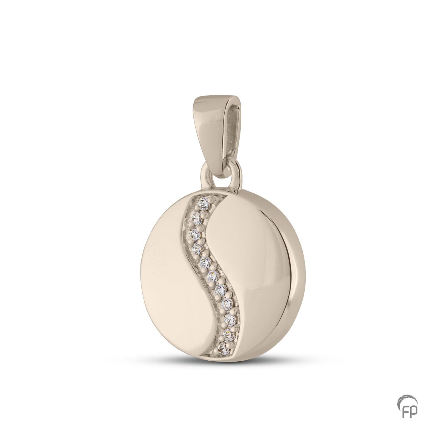 Ronde hanger,in zilver uitgevoerd met zirkonia's, in goud met diamanten. De ashangers uit deze collectie gedenksieraden zijn zelf te vullen.