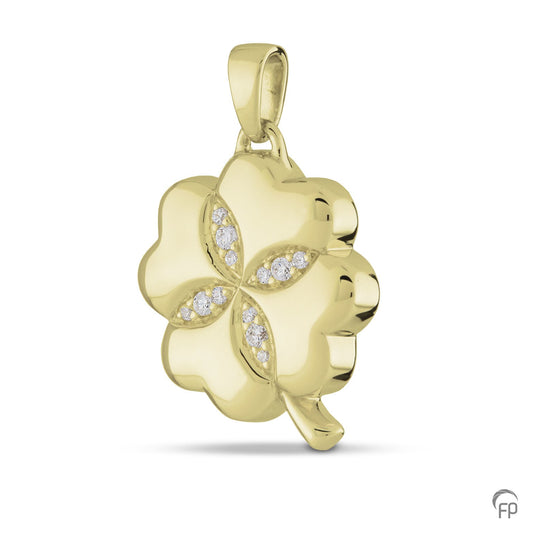 Klavertje vier hanger, in zilver uitgevoerd met zirkonia's, in goud met diamanten. De ashangers uit deze collectie gedenksieraden zijn eenvoudig zelf te vullen.