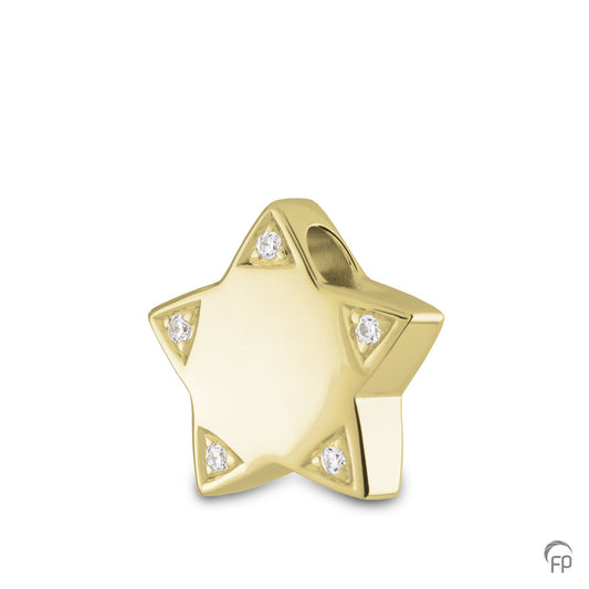 Hanger ster in zilver uitgevoerd met zirkonia's, in goud met diamanten. De ashangers uit deze collectie gedenksieraden zijn eenvoudig zelf te vullen.