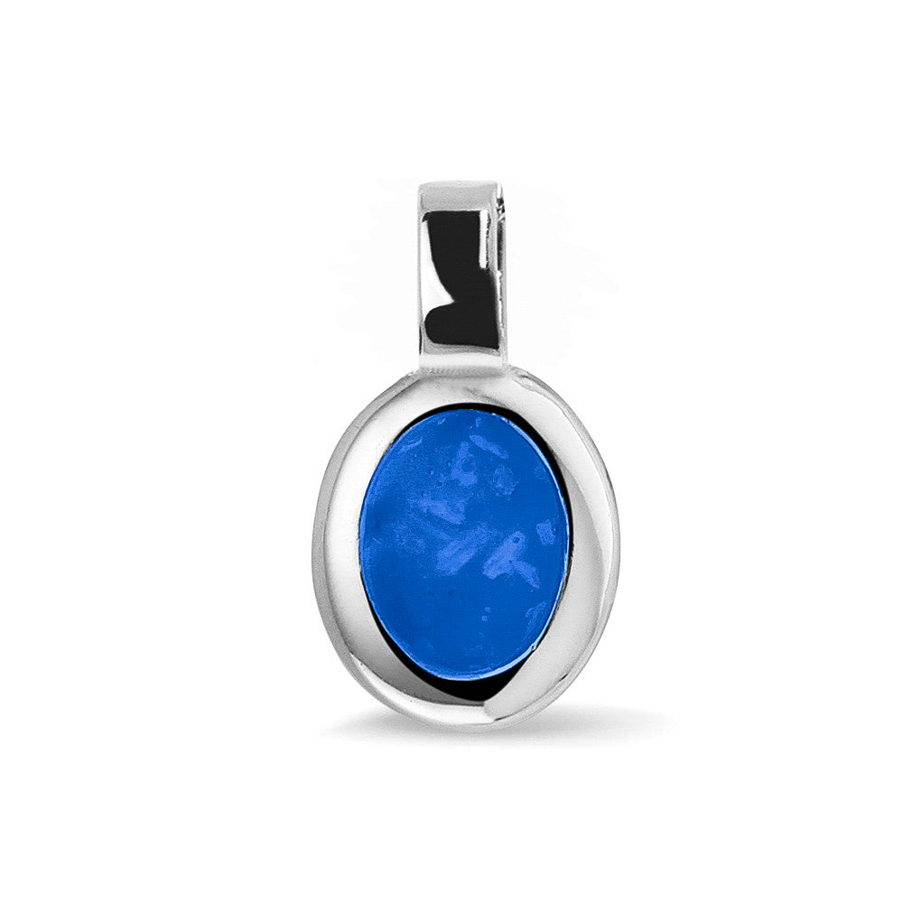 Ovale platte ashanger, gedenksieraad, waar as en haar in verwerkt wordt. Blue