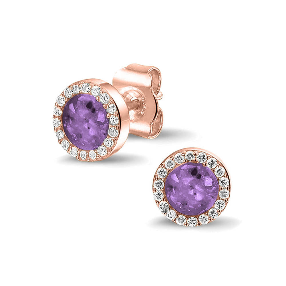 Oorstekers 8 mm rondom afgewerkt met zirkonia's zichtbaar gevuld met as of haar. Purple