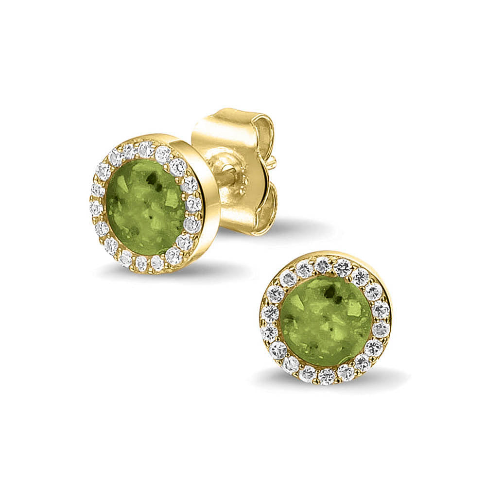 Oorstekers 8 mm rondom afgewerkt met zirkonia's zichtbaar gevuld met as of haar. Green