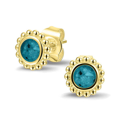Twee stuks ronde oorstekers 8 mm zichtbaar gevuld met as of haar. Turquoise