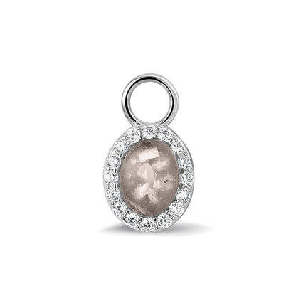 Ovaal gevormde oorhangers, 18 mm lang rondom afgewerkt met zirkonia's, aan de voorzijde zichtbaar gevuld met as of haar.silver