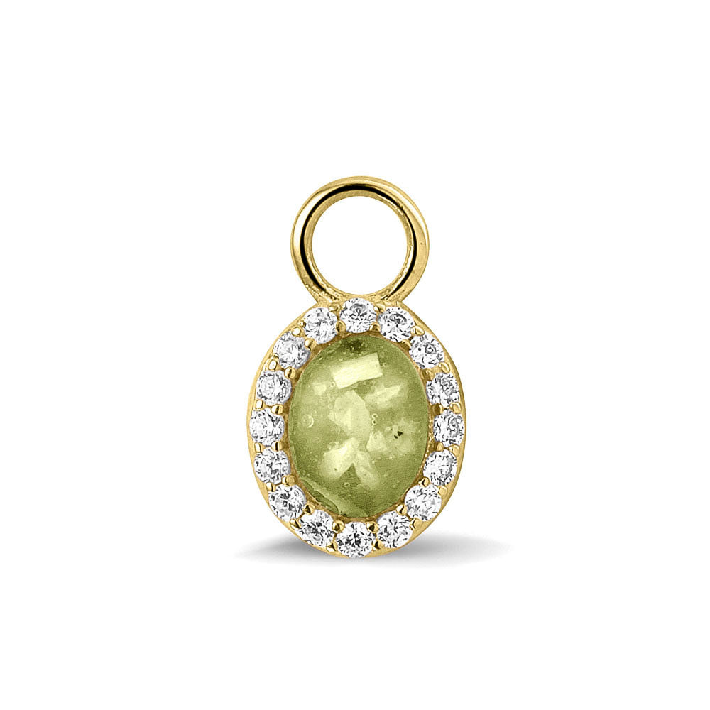 Ovaal gevormde oorhangers, 18 mm lang rondom afgewerkt met zirkonia's, aan de voorzijde zichtbaar gevuld met as of haar. Olive