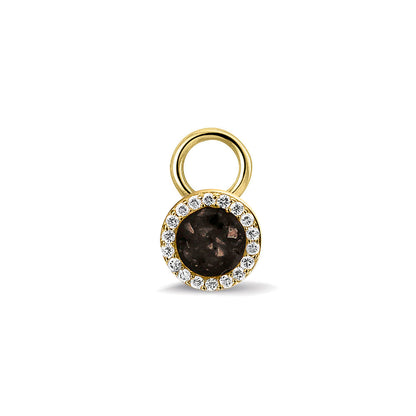 Oorhangers 8 mm diameter, rondom afgewerkt met zirkonia's, aan de voorzijde zichtbaar gevuld met as of haar. Black