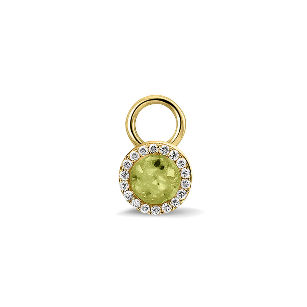 Oorhangers 8 mm diameter, rondom afgewerkt met zirkonia's, aan de voorzijde zichtbaar gevuld met as of haar. Olive