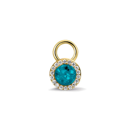 Oorhangers 8 mm diameter, rondom afgewerkt met zirkonia's, aan de voorzijde zichtbaar gevuld met as of haar. Turquoise