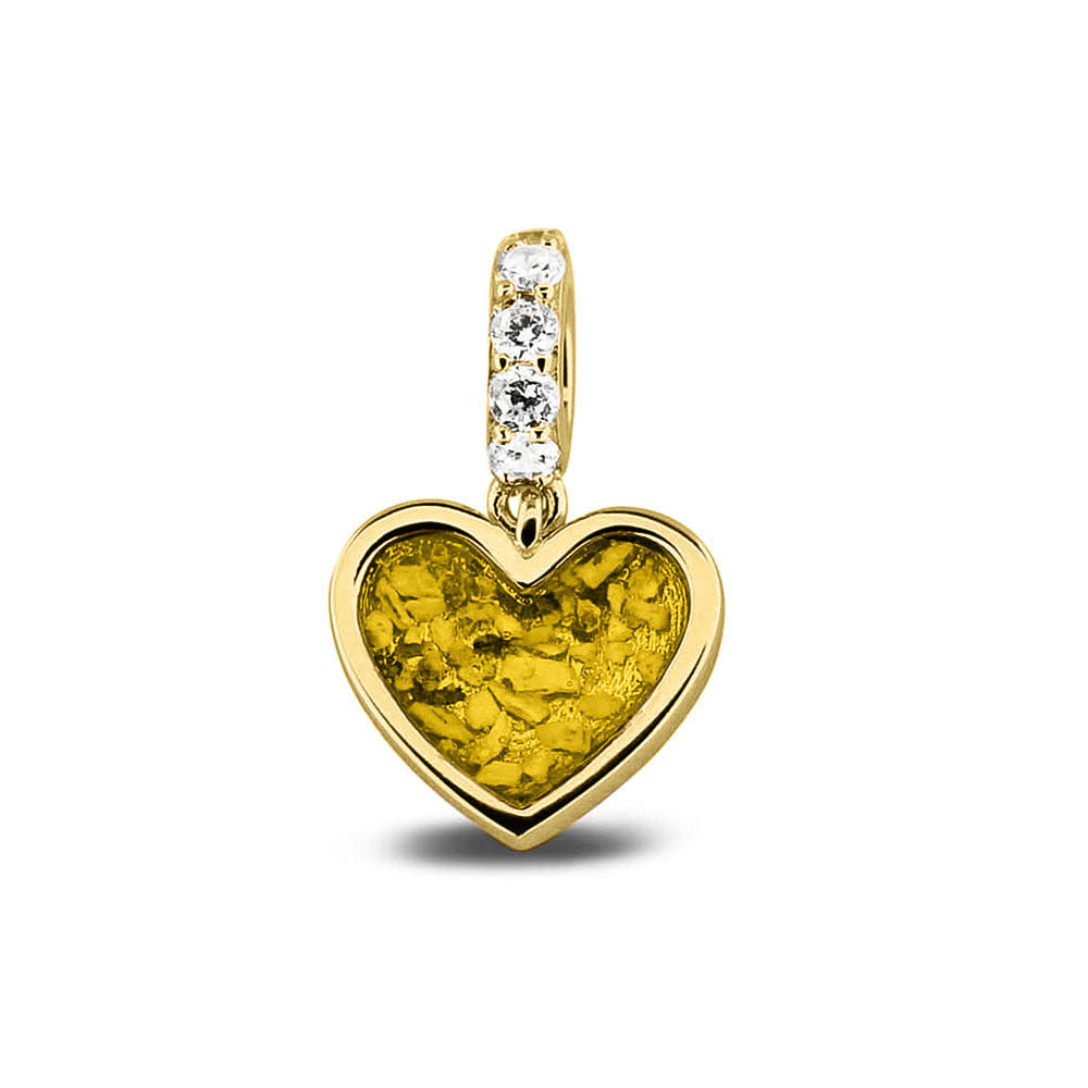 Hartvormige asbedel, het hangoog aan de buitenrand afgewerkt met zirkonia's die aan de voorzijde zichtbaar gevuld wordt met as of haar met een keuze in 20 kleuren. Yellow