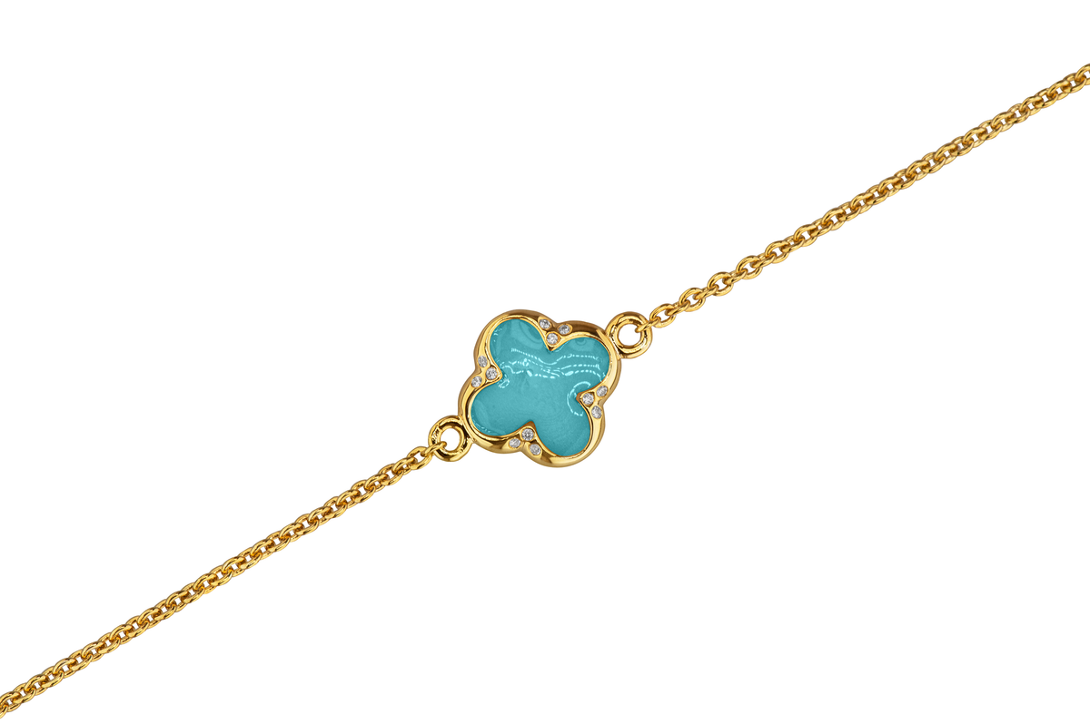 Klavertje vier as armband 11.5 mm, gedenksieraad met zirkonia's afgewerkt.aqua