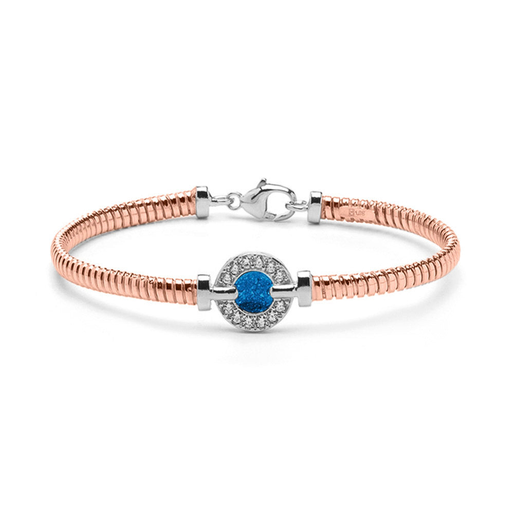 Zilveren vergulde as armband afgewerkt rondom met zirkonia's. marine