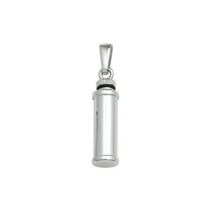Vorm: Koker, Hoogte 26 mm, Breedte: 7 mm,  Afwerking: Glans. Zilveren ashanger, gedenksieraad is geschikt om as en ook haar in te verwerken