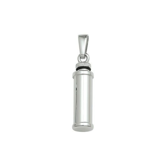 Vorm: Koker, Hoogte 26 mm, Breedte: 7 mm,  Afwerking: Glans. Zilveren ashanger, gedenksieraad is geschikt om as en ook haar in te verwerken