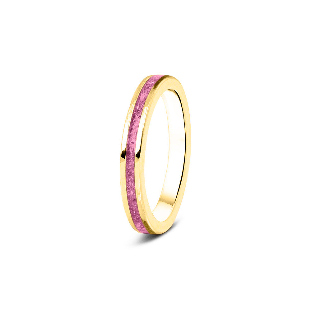 Gedenksieraad, ring 3 mm rondom zichtbaar gevuld met as of haar. Het vullen en sealen met onze speciale hars wordt in onze ambachtelijke edelsmederij gedaan. Fluo