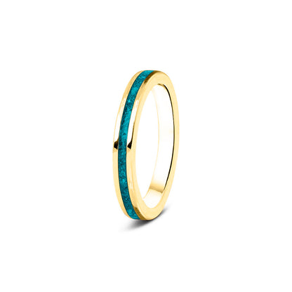 Gedenksieraad, ring 3 mm rondom zichtbaar gevuld met as of haar. Het vullen en sealen met onze speciale hars wordt in onze ambachtelijke edelsmederij gedaan. Turquoise