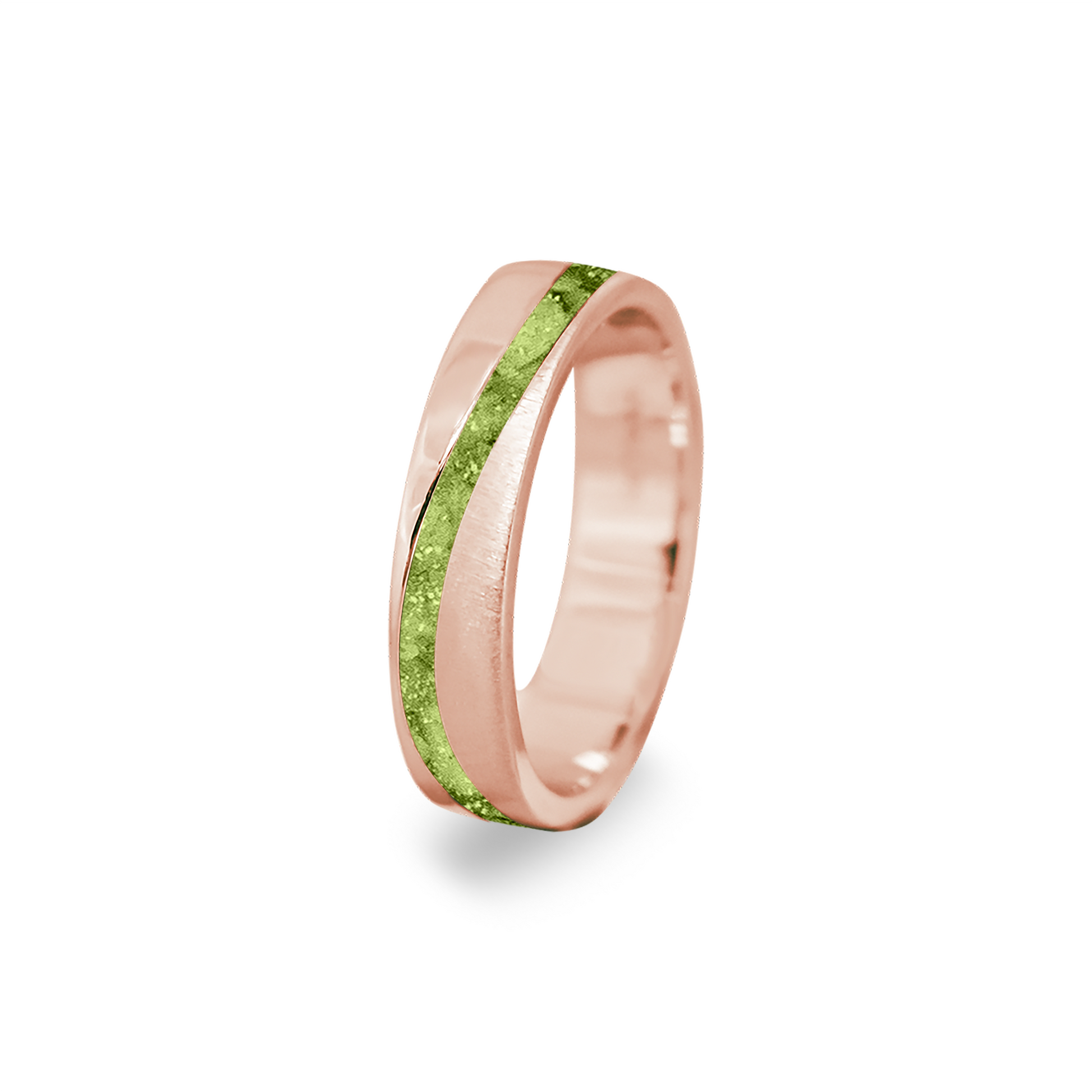 Gedenksieraad, ring  rondom zichtbaar gevuld met as of haar. Het vullen en sealen met onze speciale hars wordt in onze ambachtelijke edelsmederij gedaan. Green