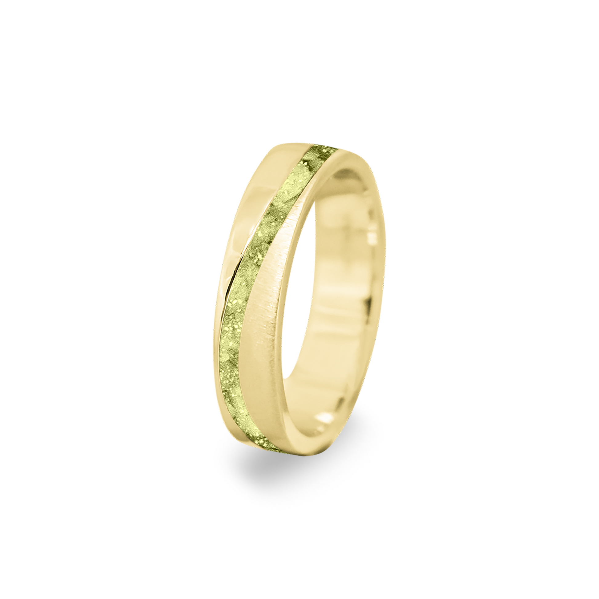 Gedenksieraad, ring  rondom zichtbaar gevuld met as of haar. Het vullen en sealen met onze speciale hars wordt in onze ambachtelijke edelsmederij gedaan. Olive