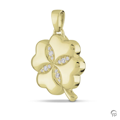 Klavertje vier hanger, in zilver uitgevoerd  met zirkonia's, in goud met diamanten. De ashangers uit deze collectie gedenksieraden zijn eenvoudig zelf te vullen.