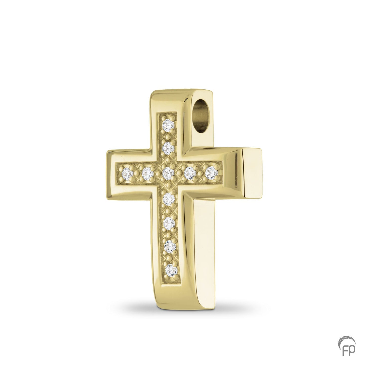 Kruis hanger, in zilver uitgevoerd met zirkonia's, in goud met diamanten.  De ashangers uit deze collectie gedenksieraden zijn eenvoudig zelf te vullen.